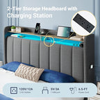 Allewie Vertical Tufted Queen Upholstered Platform Bed Frame with 2-Tier LED Storage Headboard & 2 Storage Drawers, USB & Type-C Charging Ports, Noise-Free/No Box Spring Needed, Dark Grey