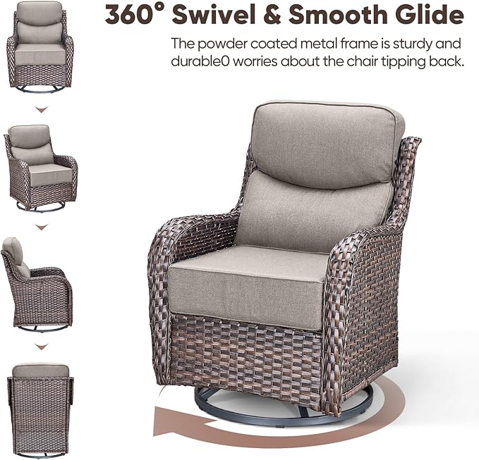 Swivel Patio Chairs sofa Set of 6 with 6" Thick Cushion - Wicker Outdoor Swivel Rocker Patio Chair ,Sofa/Glass coffee table, High Back Comfortable Outdoor Glider Chairs - Brown Wicker | Gery Cushions
