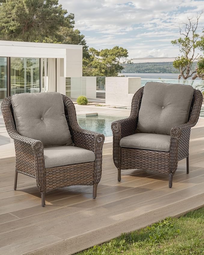 Patio Wicker Chairs Outdoor Furniture Chair - Set of 2 Outside All Weather Lawn Dining Brown Rattan Armchair with High Back&Deep Seating for Deck Porch Balcony Backyard Garden - Grey