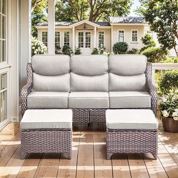 HUMMUH Wicker Patio Furniture Set 6 Inch Thick Cushion Outdoor Swivel Rocker Patio Chairs with Deep Seat Sofa 5PCS Outdoor Furniture Set for Porch Garden Deck