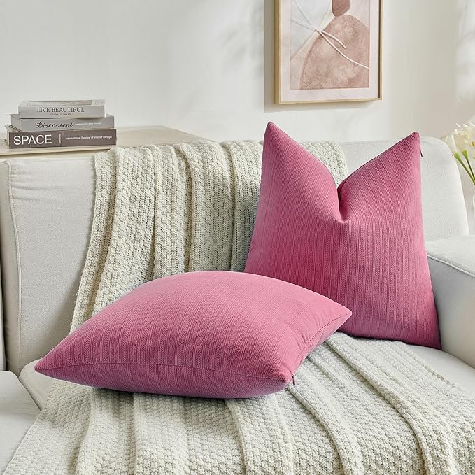 FUTEI Hot Pink Decorative Throw Pillow Covers 18x18 Inch Set of 2,Soft Cozy Wheat Ear Striped Patterns Cushion Cases,Modern Home Decor for Couch Bed Living Room