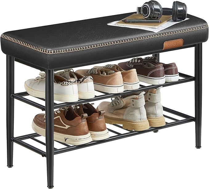 VASAGLE EKHO Collection - Shoe Rack Bench, Storage Bench for Entryway, Synthetic Leather with Stitching, Mid-Century Modern, Loads 300 lb, 11.8 x 31.5 x 19.7 Inches, Ink Black ULSB054B01