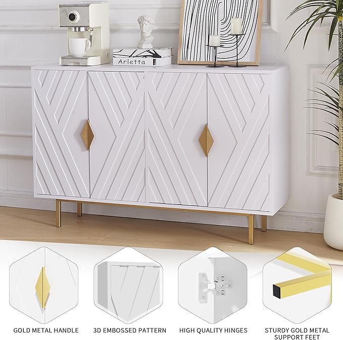 Sideboard Buffet Cabinets with Storage, 47.2" Modern Storage Cabinets with Relief Doors, Accent Cabinets with Adjustable Shelves, Wood Console Cabinet for Dining Living Room, Entryway, White