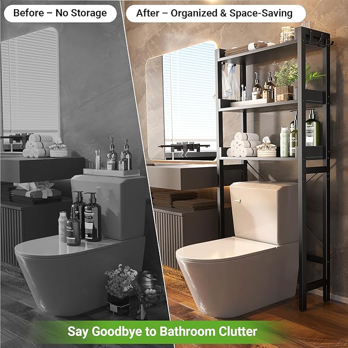 Over The Toilet Storage Rack - 3 Tier Bathroom Organizer with Shelves, Freestanding Space Saver Storage Rack Above Toilet Stand with 4 Hooks for Restroom, Laundry, Black