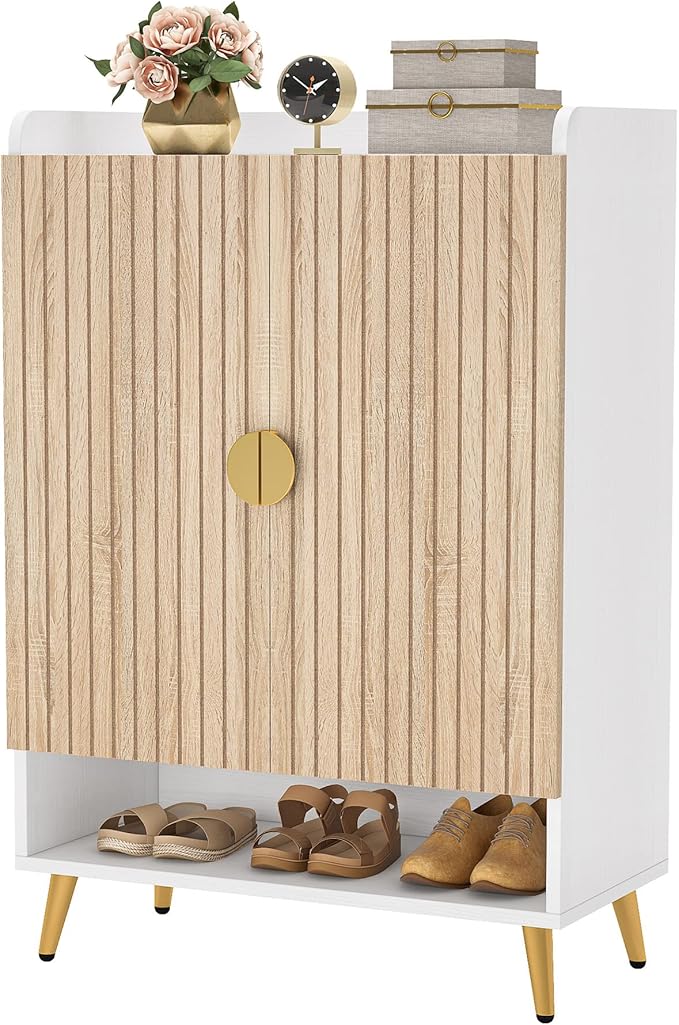 Tribesigns Shoe Cabinet with Doors, 7-Tier Shoe Storage Cabinet with Adjustable Shelves, Wooden Shoes Rack Shoe Storage Organizer for Entryway, Hallway, Closet, Living Room, Wood and Gold