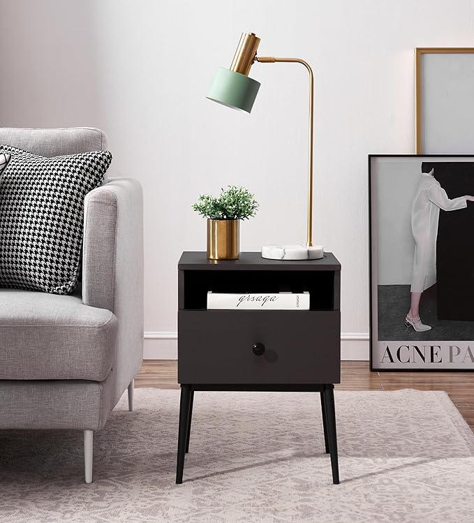 VECELO Modern Night Stand,Square Side Table,End Table with Drawer and Storage Space for Bedroom and Living Room,Bedside Table