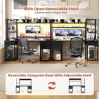 Aheaplus Desk with LED and Outlets, Gaming Desk with Hutch, 55.2'' Computer Desk with Drawers, Reversible Office Desk with Storage Bookshelf Large Workstation Desk with Shelf, Desk for Home, Black
