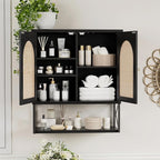 Rattan Bathroom Wall Cabinet, Boho Medicine Wall Cabinet with Double Doors and Adjustable Shelves, Tall Kitchen Wall Mounted Storage Cabinet, Floating Space Saver Over Toilet, Black