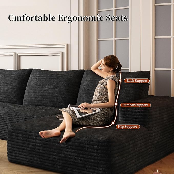107.5" Cloud Modular Sectional with Ottoman, U-Shaped Sofa for Living Room, Modern Minimalist Couches, Deep Seat Comfy Couch & Reversible Chaise, No Assembly Required (Black, Right Facing Chaise)