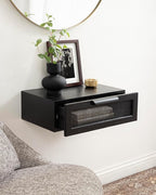 Kate and Laurel Ori Transitional Cane Rattan Floating Side Table with Pull-Out Storage Drawer, 18x13x6, Black