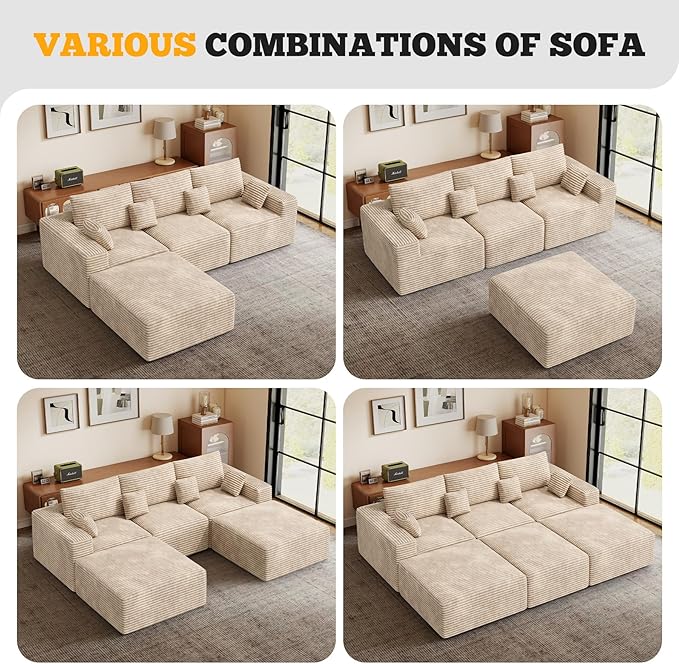 113" Modular Sectional Sofa, Convertible L-Shaped Cloud Couches for Living Room with Ottoman, 4 Seater Corduroy Boneless Couch Sofa Set, No Assembly Required, Khaki 1 PCS