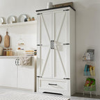 JXQTLINGMU Farmhouse Kitchen Pantry Cabinet - 72" Tall Wood Kitchen Storage Cabinets with Adjustable Shelves & 2 Barn Style Doors & Drawer, Versatile Storage for Dining Room, Bathroom, Antique White