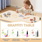 Kids Study Table and Chairs Set, Height Adjustable Toddler Table and Chair Set for Kids Ages 3-8, 31.5" L x 23.6" W Graffiti Desktop Plastic Children Art Table with 4 Seats, Brown