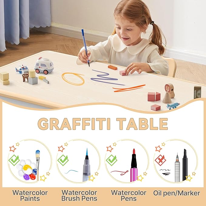 Kids Study Table and Chairs Set, Height Adjustable Toddler Table and Chair Set for Kids Ages 3-8, 31.5" L x 23.6" W Graffiti Desktop Plastic Children Art Table with 2 Seats, Brown