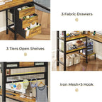 ADORNEVE Loft Bed Twin Size with L-Shaped Desk, LED Lights,Charging Station, Twin Metal Loft Bed Frame with Fabric Drawers & Shelve, 13.4" H Safety Guardrail, No Box Spring Needed, Rustic Brown