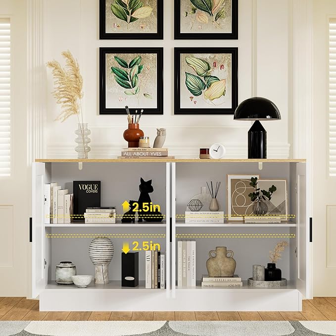 White Sideboard Buffet with 4 Doors, Accent Coffee Bar, Kitchen Cabinet for Living Room, Kitchen or Hallway