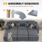 113" Modular Sectional Sofa Bed, Convertible Cloud Couches for Living Room with Ottoman, 6 Seater Corduroy Boneless Couch Sleeper Sofa Set, No Assembly Required, Grey 1 PCS