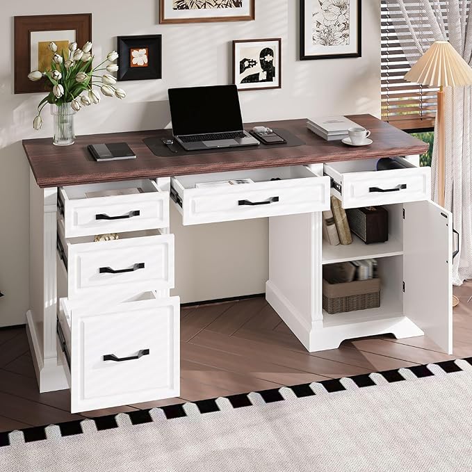 59" W Large Executive Desk, Modern Computer Desk with 5 Drawers & File Cabinet, Rustic Computer Table with Storage, Farmhouse Study Table for Home Office, Living Room, White and Brown
