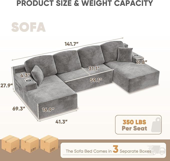 Homall 142" Boneless Couch, Modular Sectional Sofa, No Assembly Required, Memory Foam Filling, Corduroy U-Shaped Sofa, Movable Multi-Person Couch for Living Room (Grey)
