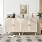 Beige Sideboard Cabinet with 2 Rattan Doors, Rattan Buffet Cabinet with Adjustable Shelves & Pine Legs, Boho Sideboard Buffet for Living Room, Kitchen, Entryway (Beige,2 PCS)