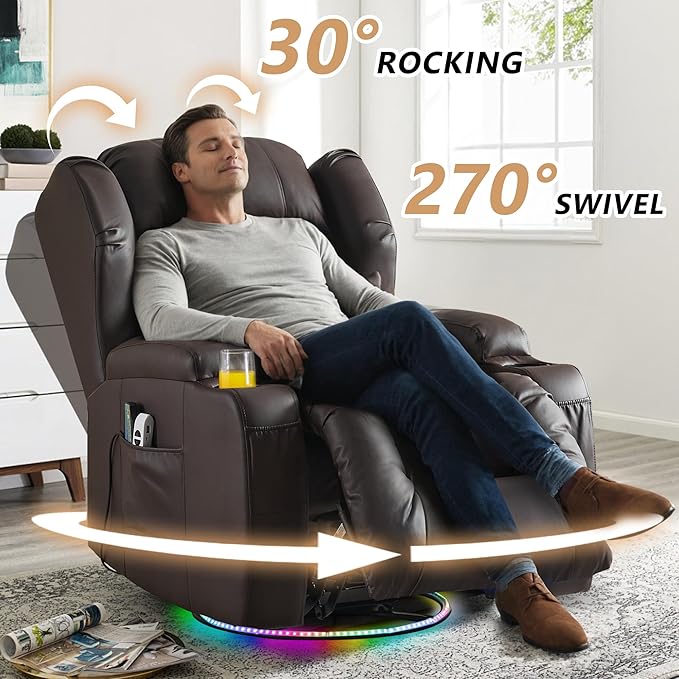Power Swivel Rocker Recliner Chairs, Electric Wall Hugger Reclining Sofa with Massage & Heat, Comfy Theater Seating Single Sofa with LED Light/USB/Type-C Ports (Leather Brown, Single Chair)