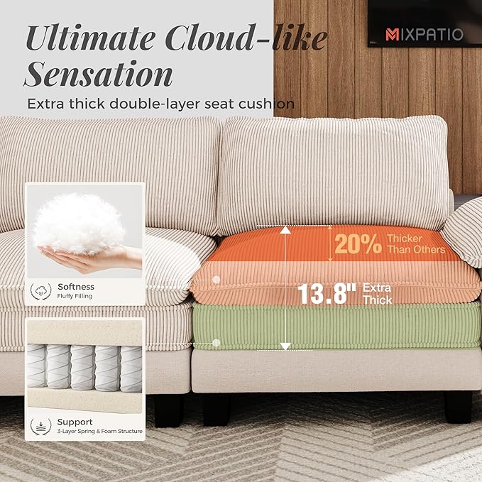 157-Inch L Shaped Sectional Sofa with Cloud Cushions, Deep Seat Modular Couch Set w/ 5 Seats & 1 Ottomans, Plush Chenille & Corduroy Upholstery for Living Room, Apartment - Beige