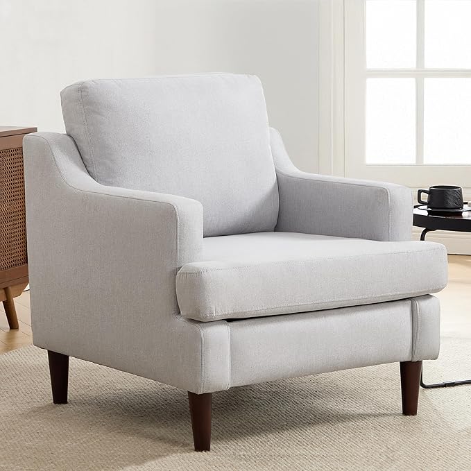 Mid-Century Accent Chair Modern Linen Fabric Armchair for Living Room,Deep Seat Comfy Upholstered Reading Chairs for Bedroom,Single Sofa Chair with Wood Legs (LightGrey, Set of 1)