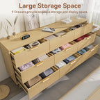 63" Long 9 Drawer Dresser for Bedroom, Modern Chest with Fluted Detailing, Light Wood Boho Dresser and TV Stand, Stylish Storage Organizer for Living Room, Hallway, or Closet, Light Wood