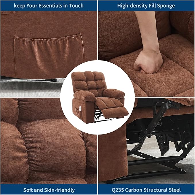 Recliner Rocking Chair with Massage and Heat, Wide Overstuffed Ergonomic Fabric Recliner with Breathable Upholstery, 2 Side Pockets & Remote Control for Living Room or Bedroom