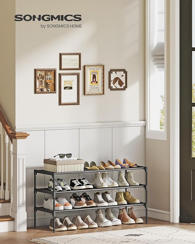 SONGMICS Shoe Rack, 3-Tier Shoe Storage Organizer, Space-Saving, 11.6 x 36.1 x 21 Inches, Entryway, Metal Frame, Non-Woven Fabric Shelves, Ink Black ULSH033BH01S