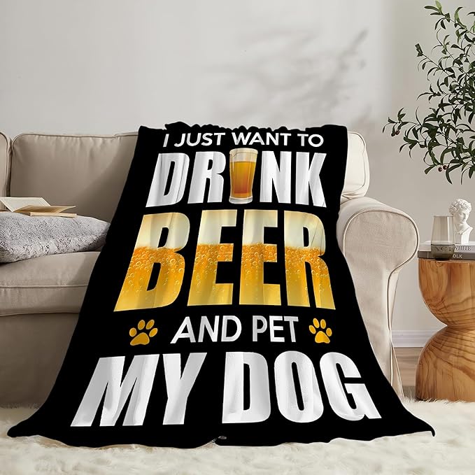 Funny Beer and Dog Throw Blanket - Gifts and Decor for Men Women Adults - Soft Warm Cozy Fleece for Couch Sofa Bed 50"x40"