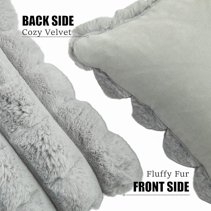 Neelvin Grey Faux Fur Cozy Soft Plaid Decorative Throw Pillow Covers 16x16 inch Set of 2,Velvet Pillowcase Cushion Case for Sofa Couch