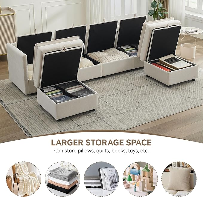105" Cloud Modular 4 Seater Sofa with 2 Storage Ottoman, Modern Upholstered Sofa Storage Sofa Couch Deep Seat, U Shape Sectional Sofa Chenille Comfy Couch with Armrests for Living Room, Beige