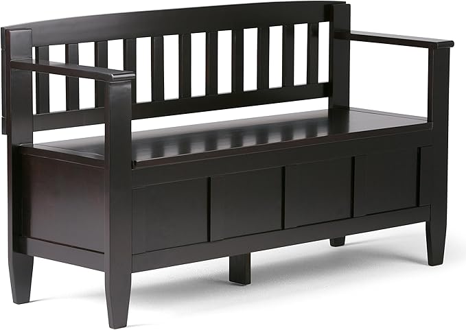 SIMPLIHOME Brooklyn Entryway Storage Bench - 48 inch Wide Solid Wood Storage Seat in Coffee Brown, Contemporary Bench for Entryway or Living Room with Lift-Up Lid and Slatted Backrest