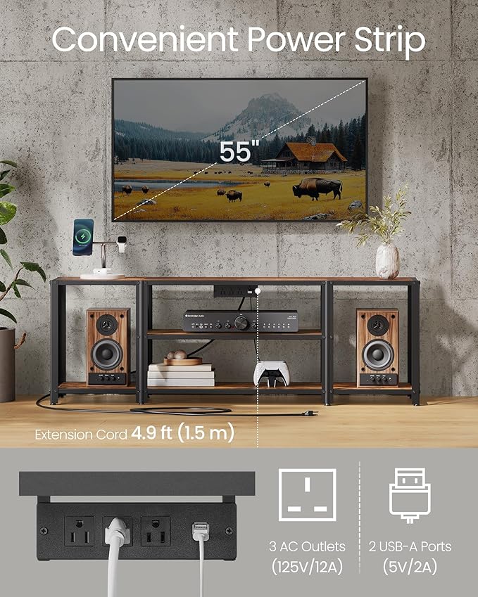 VASAGLE TV Stand with Power Outlets and LED Lights, for TVs up to 60 Inches, Entertainment Center with Open Storage Shelves, TV Console Table for Living Room, Rustic Brown and Ink Black ULTV121K01