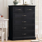 6 Drawer Dresser for Bedroom, 43" Tall Wooden Chest of Drawers, Rustic Farmhouse Dresser with Large Drawers & Metal Handles, Modern Storage Organizer for Closet, Living Room, Hallway, Black