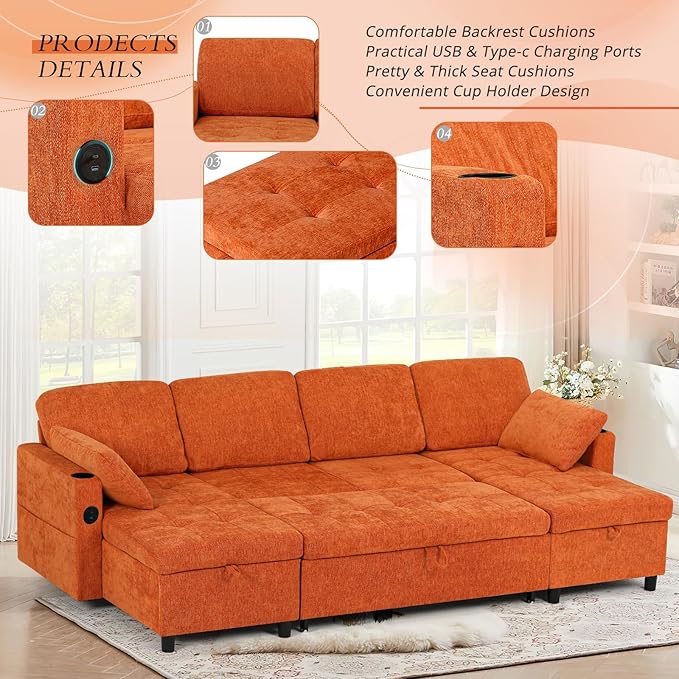 110" Sectional Pull Out Sofa Bed with Adjustable Backrests, U-Shaped Sleeper Sofa with USB Ports, Upholstered Reversible Couch with Cup Holder & Storage Space for Living Room, House, Orange