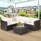 Tangkula 6 Pieces Patio Furniture Set, Outdoor Rattan Sofa Set, Wicker Conversation Set w/Tempered Glass Coffee Table & Cushions, Sectional Sofa Set for Backyard, Garden, Balcony, Poolside (Beige)