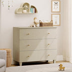 WAMPAT 3-Drawer Kids Dresser for Bedroom, Modern Small Chest of Drawers with Gold Knobs, 35 Inch Wide Linen Printed Finish Wood Children Dresser for Baby Room, Nursery, Living Room, Dark Beige