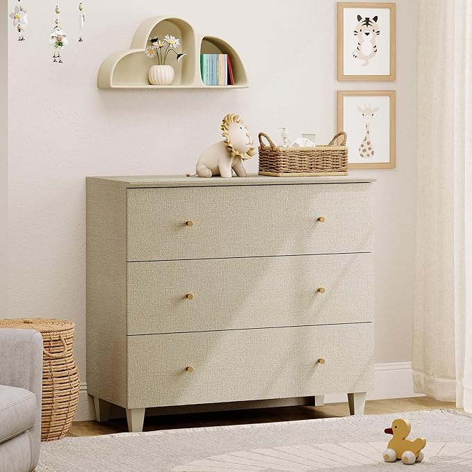 WAMPAT 3-Drawer Kids Dresser for Bedroom, Modern Small Chest of Drawers with Gold Knobs, 35 Inch Wide Linen Printed Finish Wood Children Dresser for Baby Room, Nursery, Living Room, Dark Beige