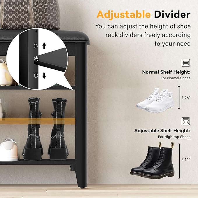 Shoe Rack Bench Entryway Storage with Leather Cushion, Shoe Organizer Bench for Entryway, Ideal for Front Doors Entrances Hallway Mudroom Featuring Rubberwood And 3 Height-Adjustable Removable Shelve