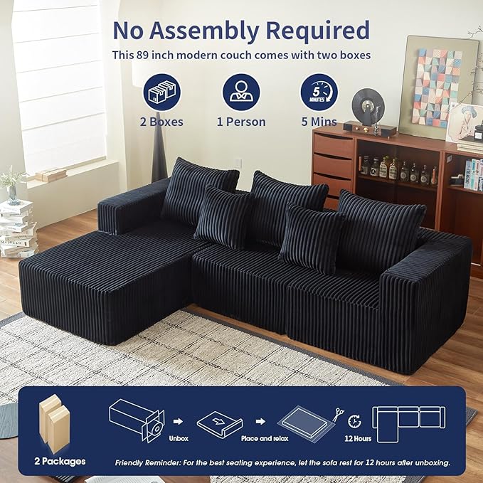 102" Black Couch for Living Room,Boneless Couch No Assembly Required,Comfy Couches with Oversized Chaise,Compressed Sofa for Any Room,Modern Sofa-Corduroy