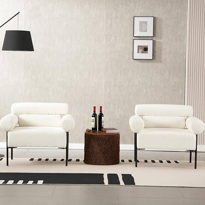 Modern Accent Chairs Set of 2, Boucle Sofa Accent Chairs for Living Room, Oversized Upholstered Sherpa Mid-Century Office Reading Armchairs with Channel Tufted for Bedroom, White
