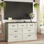 Farmhouse 7 Drawer Dresser for Bedroom, 55 Inch Wide Modern White Dresser TV Stand with Large Drawers & Bar Handles, Rustic Wood Chest of Drawers for Bedroom, Living Room