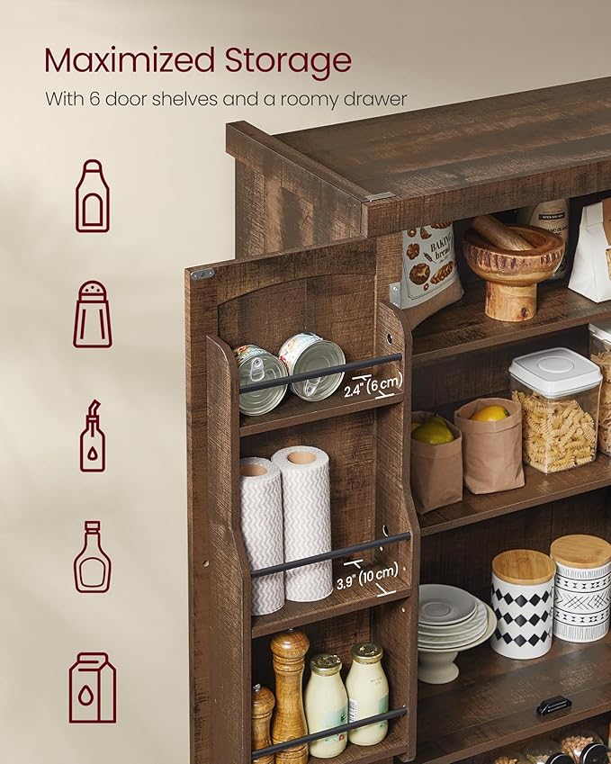 VASAGLE Pantry Cabinet, 15.7 x 30 x 71.7 Inches, Freestanding Tall Cupboard Storage Cabinet with a Drawer, 2 Cabinets, 6 Adjustable Shelves, for Living Room, Kitchen, Deep Brown UBBK561K01