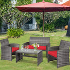 COSTWAY Patio Furniture Set 4 Pieces, Outdoor Wicker Chairs Sofa w/Coffee Table and Soft Cushions, Rattan Conversation Sets for Patio Lawn Backyard Yard Pool Garden, Red