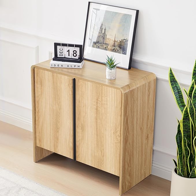 BERRYMERRY 2 Door Fluted Sideboard Buffet Cabinet with Storage, Modern Wood Cabinet with Adjustable Shelves for Living Room, Dining Room (Light Wood 2 Doors)