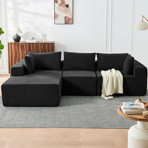 109" Cloud Sectional Couch, Boneless Couches for Living Room, Modular Sectional Sofa with Deep Seat, L-Shape Couch with Chaise, Comfy Corduroy Fluffy Modern Modular Sofa, No Assembly Required, Black