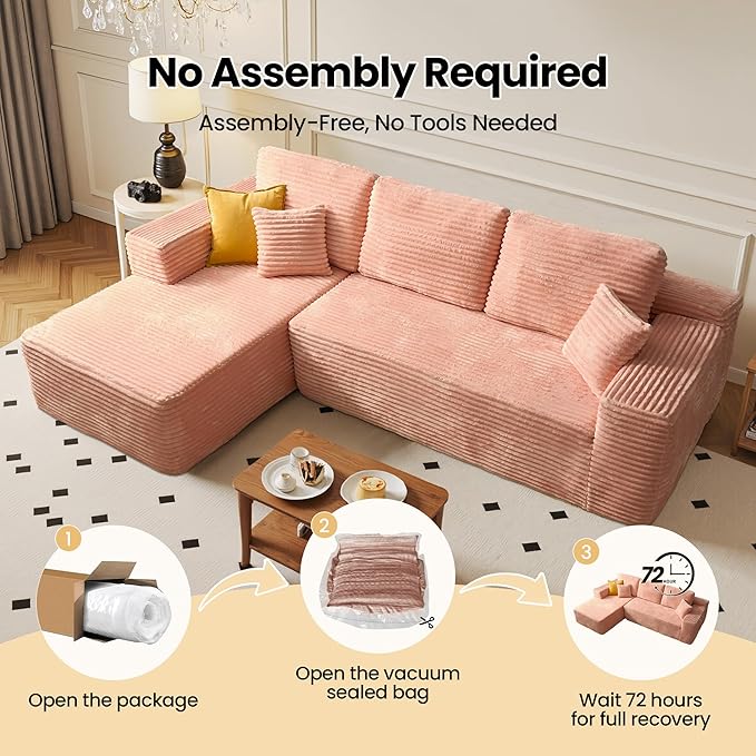 104" Cloud Sectional Couch with Chaise, Boneless L-Shaped Cloud Couch with Deep Seat, Soft Plush Modern Minimalist Sofa, Assembly Free Comfy Sofa for Office Living Room Apartment(Pink, Left Chaise)