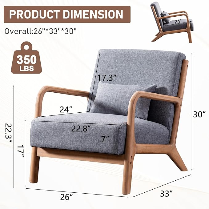 ANJHOME Mid Century Modern Accent Chair, Single Fabric Lounge Reading Armchair with Solid Wood Frame, Easy Assembly Arm Chairs for Living Room, Grey